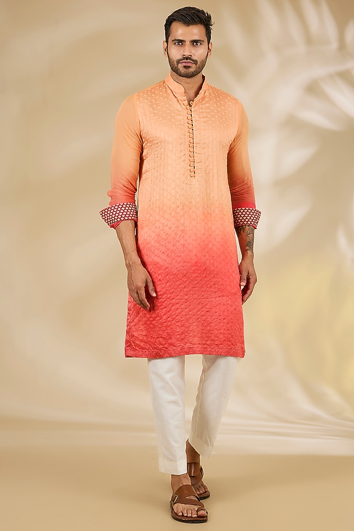 Orange-Peach Shaded Georgette Thread Embroidered Kurta Set by Rabani & Rakha Men at Pernia's Pop Up Shop