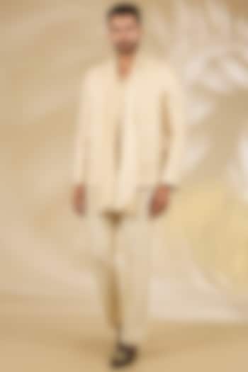 Cream Silk Thread Embroidered Indo Western Jacket Set by Rabani & Rakha Men at Pernia's Pop Up Shop