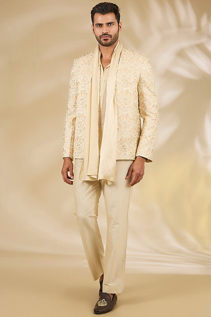 Cream Silk Thread Embroidered Indo Western Jacket Set by Rabani & Rakha Men at Pernia's Pop Up Shop