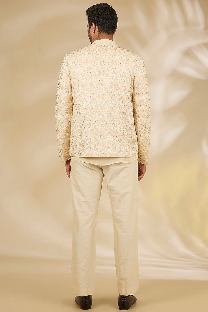 Cream Silk Thread Embroidered Indo Western Jacket Set by Rabani & Rakha Men at Pernia's Pop Up Shop
