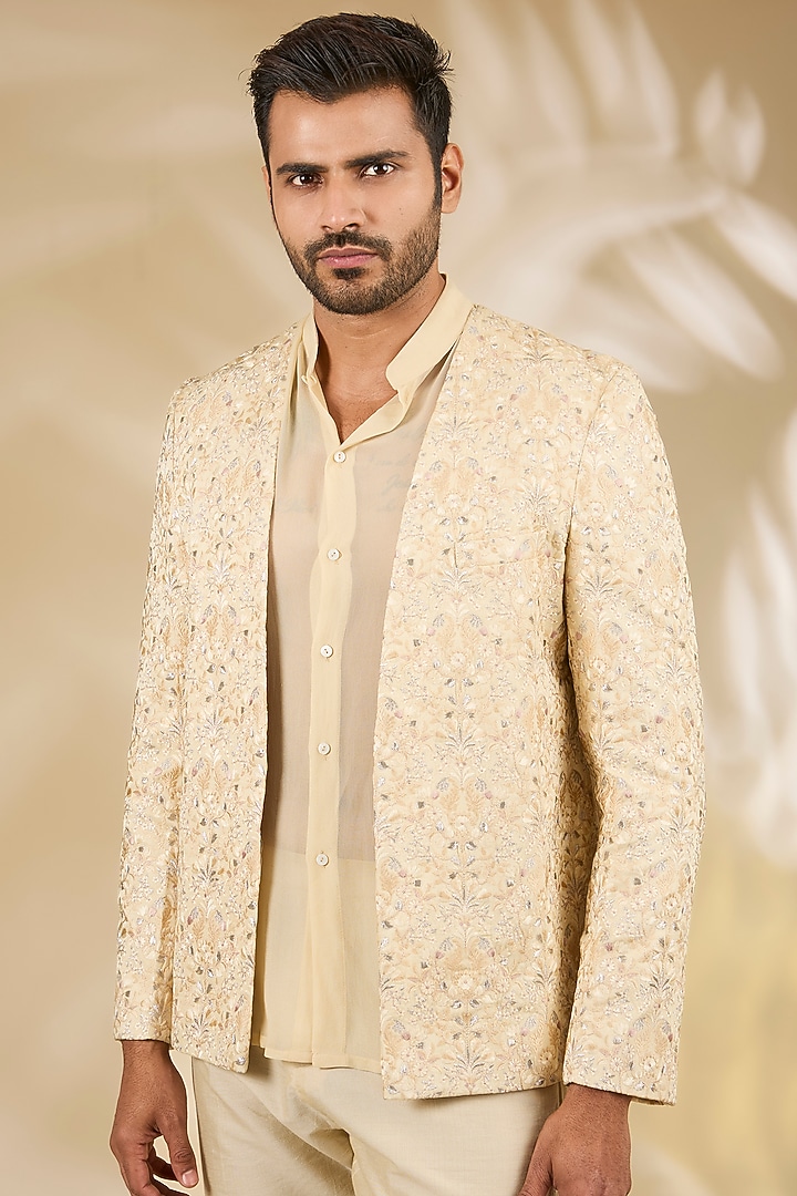 Cream Silk Thread Embroidered Indo Western Jacket Set by Rabani & Rakha Men at Pernia's Pop Up Shop