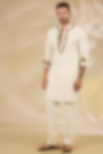 Ivory Georgette Printed & Thread Embroidered Kurta Set by Rabani & Rakha Men at Pernia's Pop Up Shop