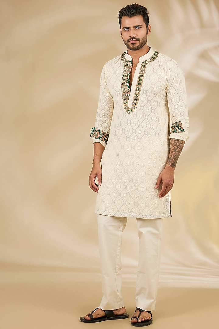 Ivory Georgette Printed & Thread Embroidered Kurta Set by Rabani & Rakha Men at Pernia's Pop Up Shop