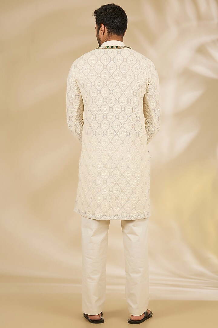 Ivory Georgette Printed & Thread Embroidered Kurta Set by Rabani & Rakha Men at Pernia's Pop Up Shop
