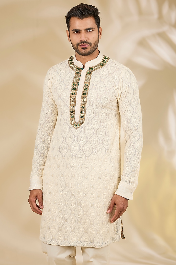 Ivory Georgette Printed & Thread Embroidered Kurta Set by Rabani & Rakha Men at Pernia's Pop Up Shop