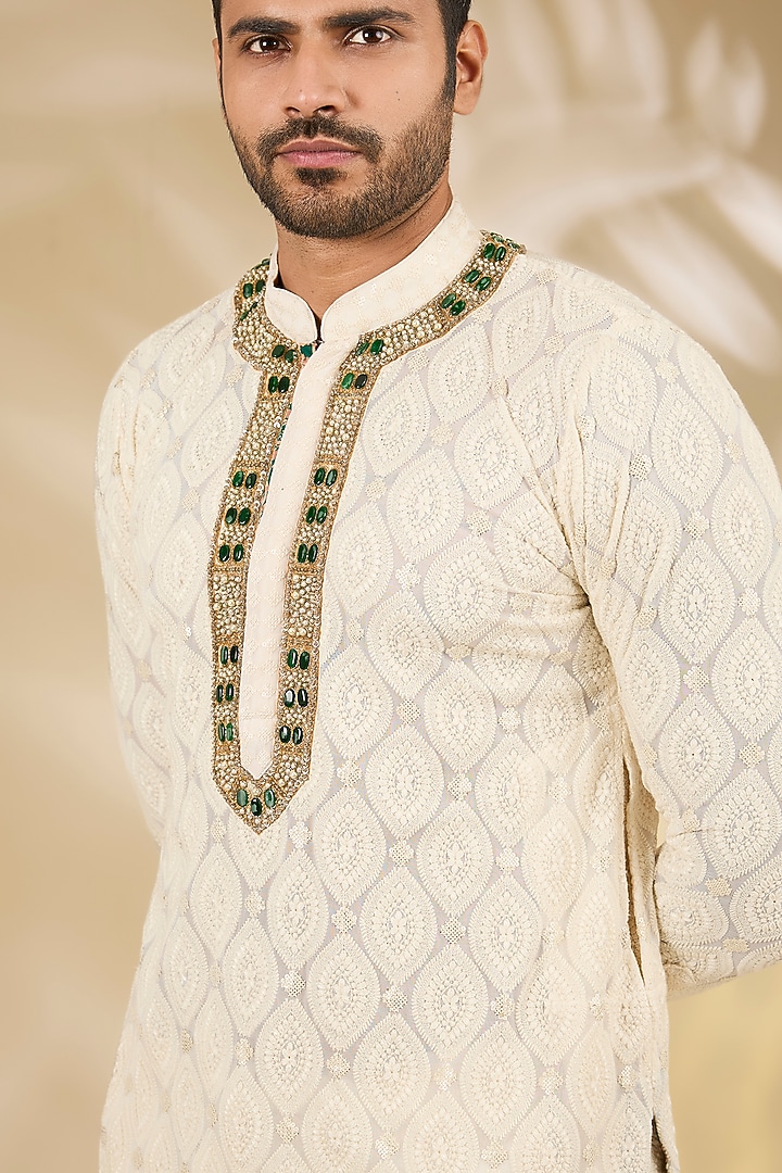 Ivory Georgette Printed & Thread Embroidered Kurta Set by Rabani & Rakha Men at Pernia's Pop Up Shop