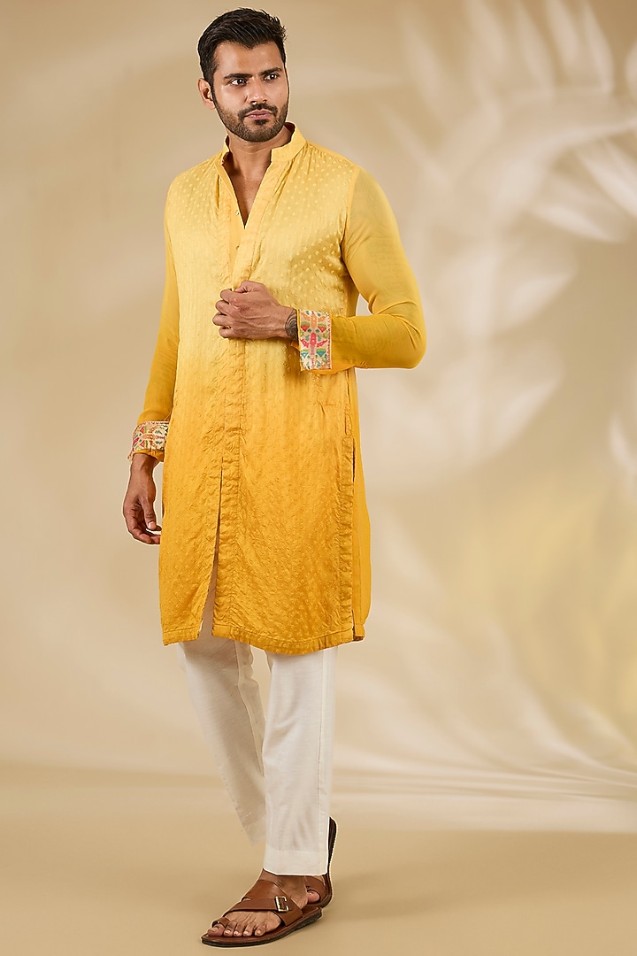 Yellow Shaded Georgette Thread Embroidered Kurta Set by Rabani & Rakha Men at Pernia's Pop Up Shop