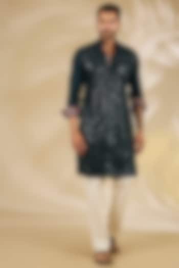 Bottle Green Georgette Sequins Embroidered Kurta Set by Rabani & Rakha Men at Pernia's Pop Up Shop