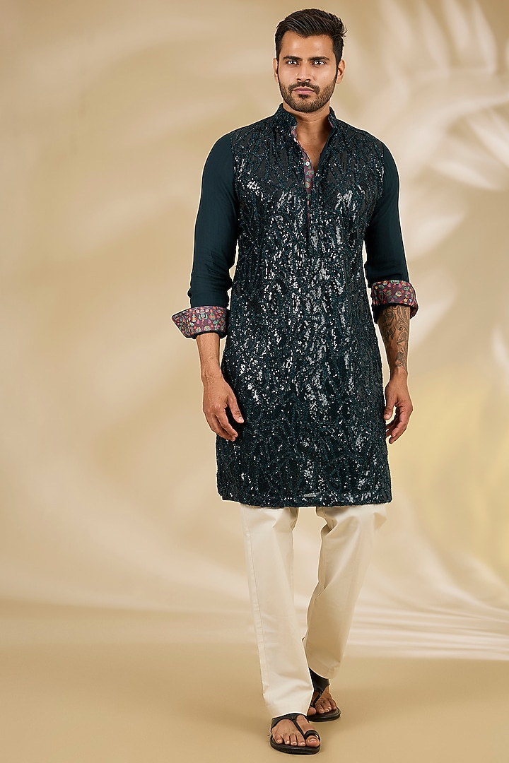 Bottle Green Georgette Sequins Embroidered Kurta Set by Rabani & Rakha Men at Pernia's Pop Up Shop