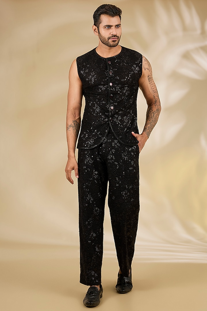 Black Net Sequins Embroidered Co-Ord Set by Rabani & Rakha Men at Pernia's Pop Up Shop