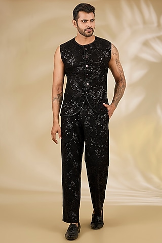 Black Net Sequins Embroidered Co-Ord Set by Rabani & Rakha Men