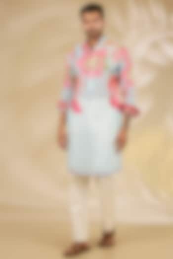 Aqua Georgette Printed & Zari Embroidered Kurta Set by Rabani & Rakha Men at Pernia's Pop Up Shop