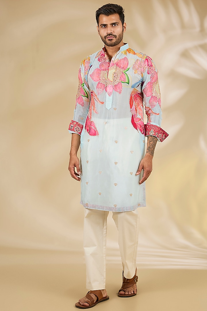 Aqua Georgette Printed & Zari Embroidered Kurta Set by Rabani & Rakha Men at Pernia's Pop Up Shop