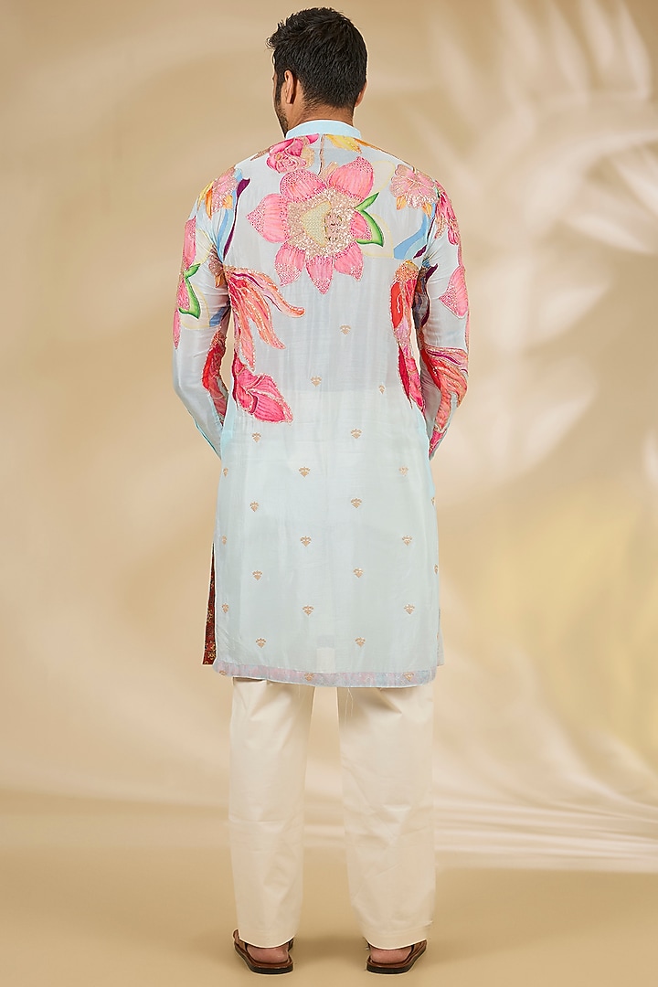 Aqua Georgette Printed & Zari Embroidered Kurta Set by Rabani & Rakha Men at Pernia's Pop Up Shop