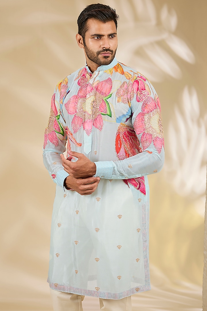 Aqua Georgette Printed & Zari Embroidered Kurta Set by Rabani & Rakha Men at Pernia's Pop Up Shop