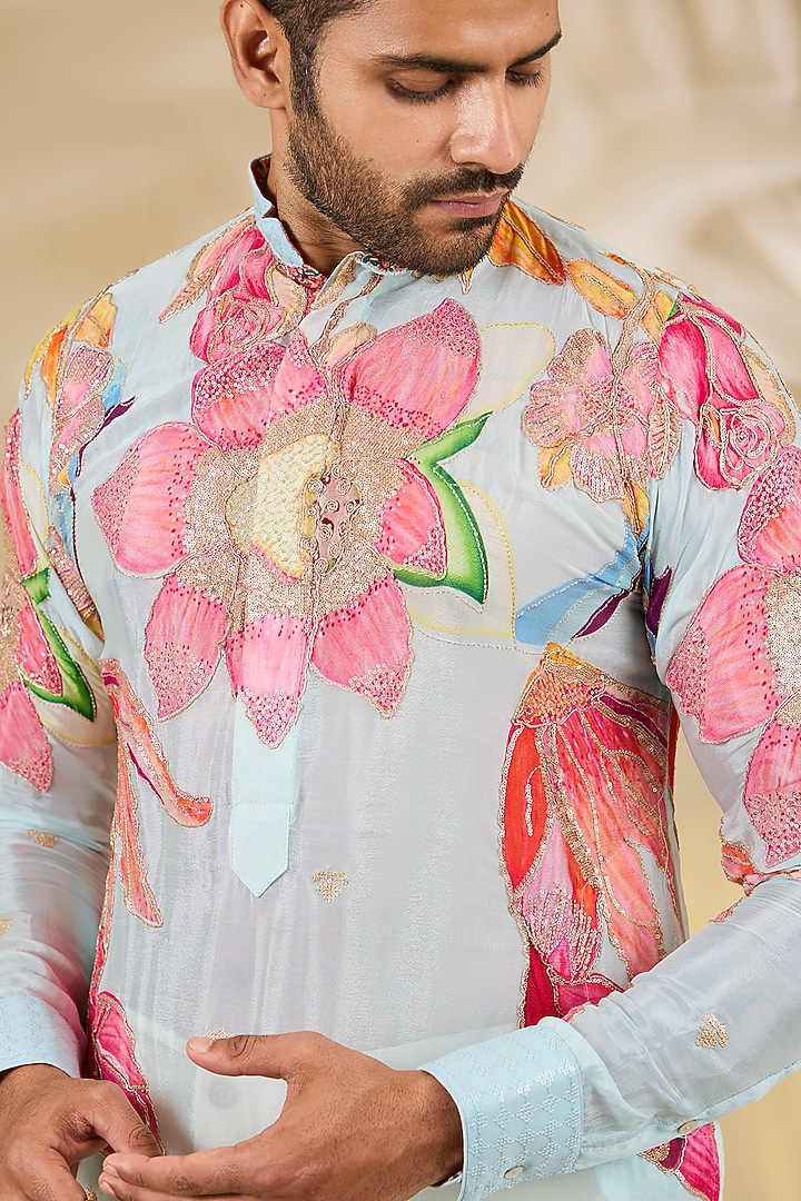 Aqua Georgette Printed & Zari Embroidered Kurta Set by Rabani & Rakha Men at Pernia's Pop Up Shop