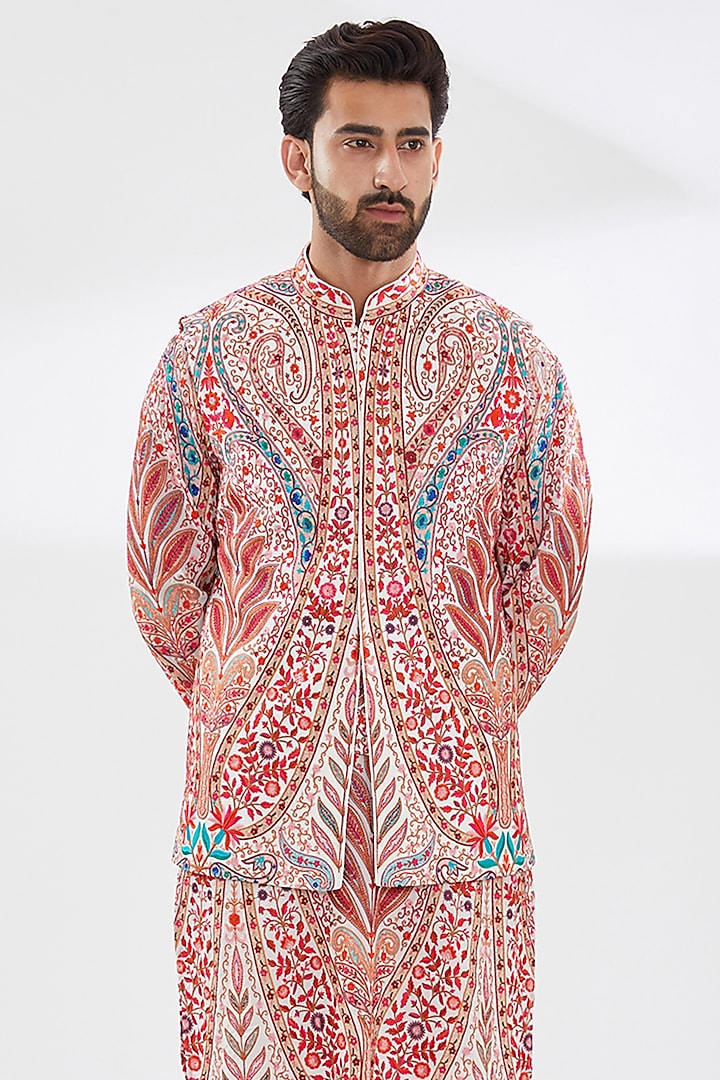 White Georgette Embroidered Bundi Jacket by Rabani & Rakha Men