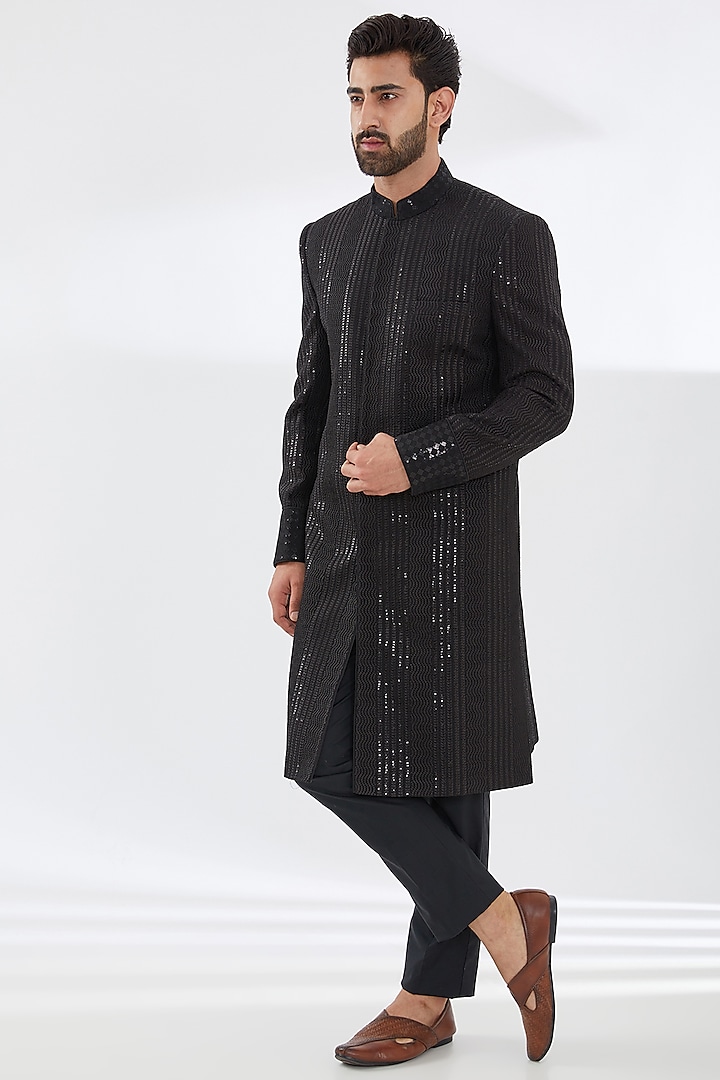 Black Georgette Sherwani Set by Rabani & Rakha Men