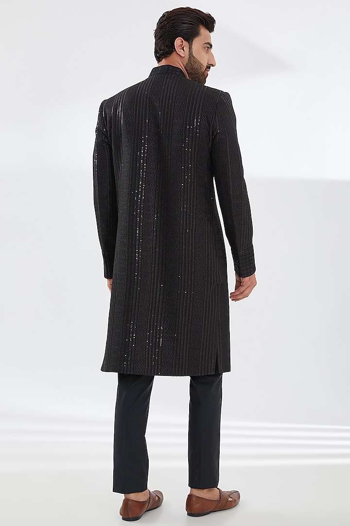 Black Georgette Groom Sherwani Set by Rabani & Rakha Men at Pernia's Pop Up Shop