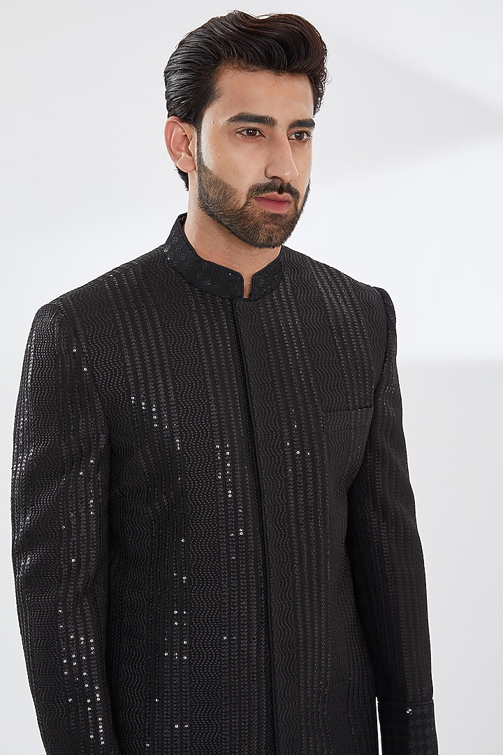 Black Georgette Groom Sherwani Set by Rabani & Rakha Men at Pernia's Pop Up Shop