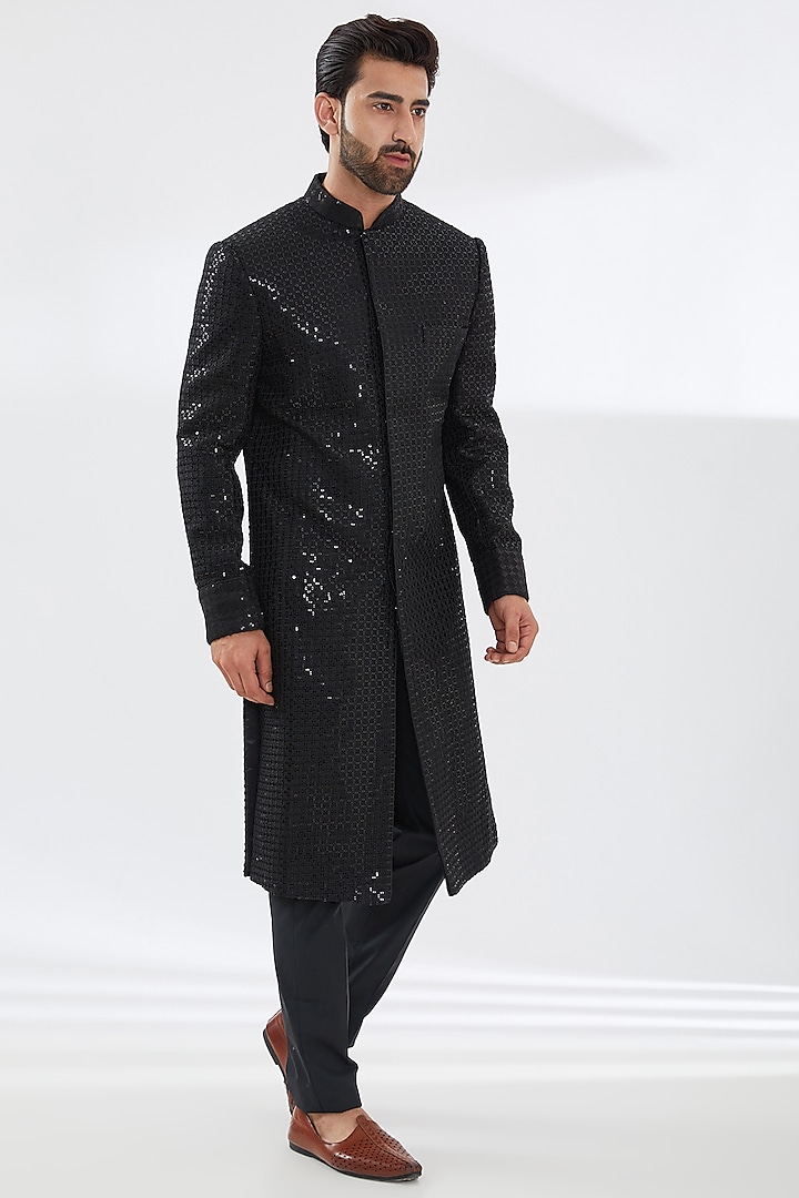 Black Georgette Embroidered Sherwani Set by Rabani & Rakha Men