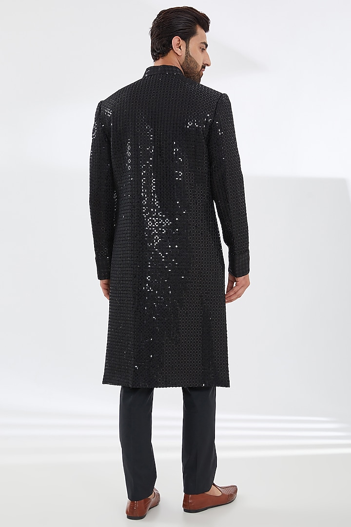 Black Georgette Embroidered Groom Sherwani Set by Rabani & Rakha Men at Pernia's Pop Up Shop