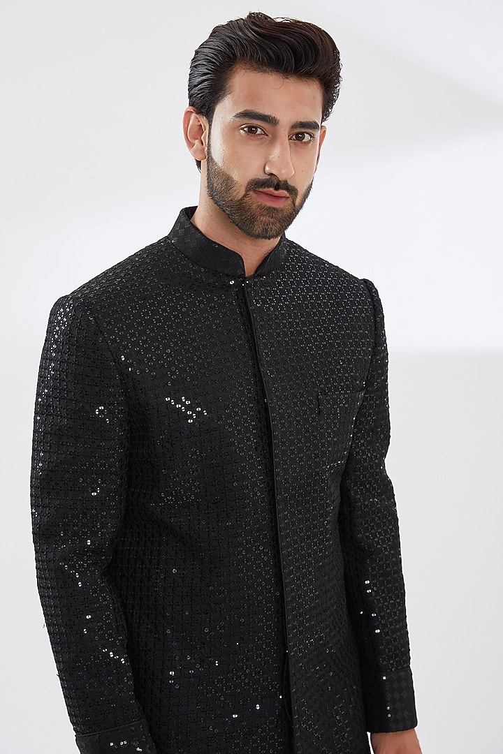 Black Georgette Embroidered Groom Sherwani Set by Rabani & Rakha Men at Pernia's Pop Up Shop