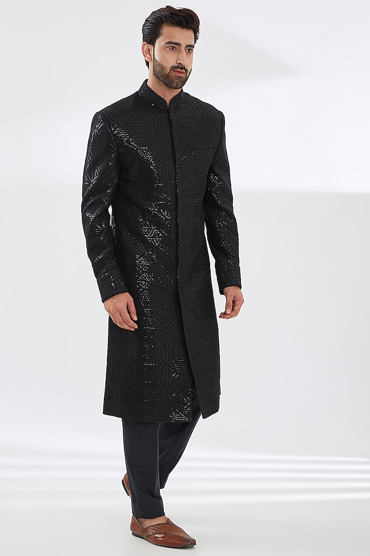 Black Georgette Embroidered Groom Sherwani Set by Rabani & Rakha Men at Pernia's Pop Up Shop