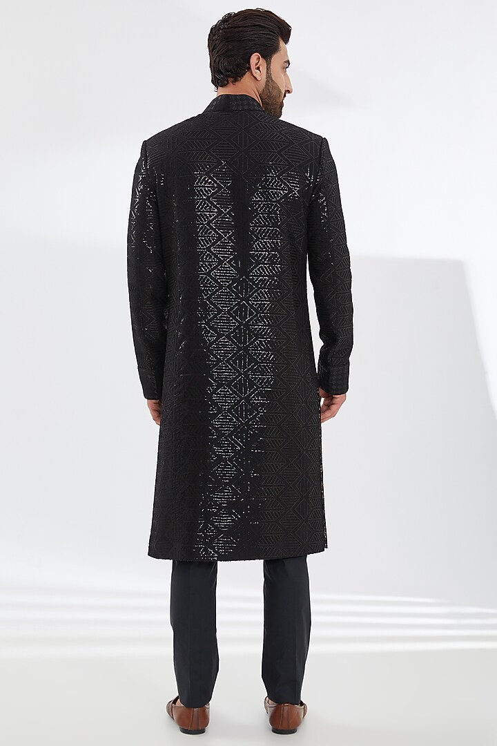 Black Georgette Embroidered Groom Sherwani Set by Rabani & Rakha Men at Pernia's Pop Up Shop