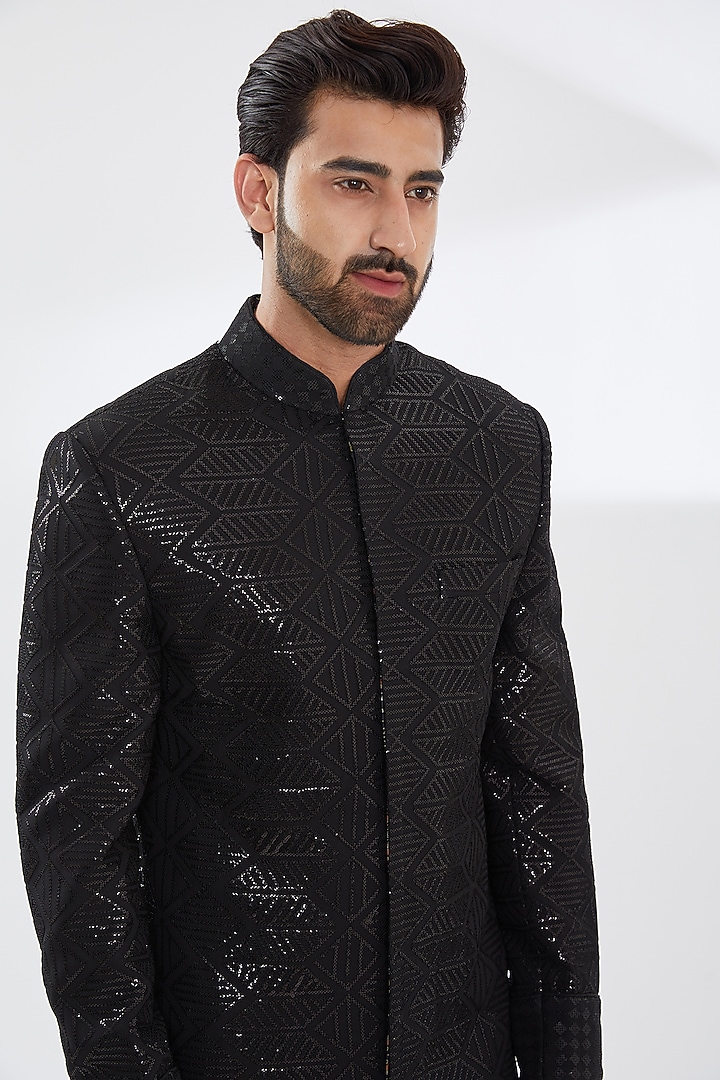 Black Georgette Embroidered Groom Sherwani Set by Rabani & Rakha Men at Pernia's Pop Up Shop