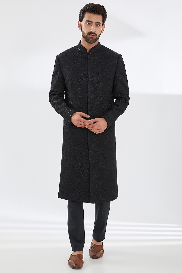 Black Georgette Embroidered Groom Sherwani Set by Rabani & Rakha Men at Pernia's Pop Up Shop