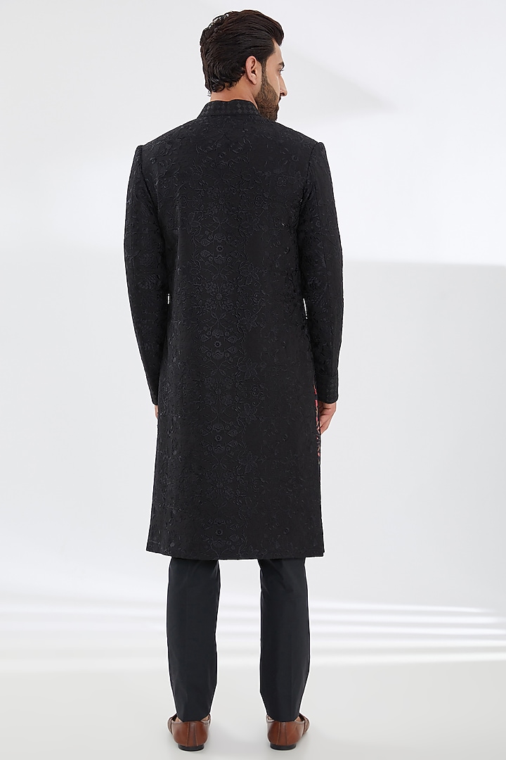 Black Georgette Embroidered Groom Sherwani Set by Rabani & Rakha Men at Pernia's Pop Up Shop