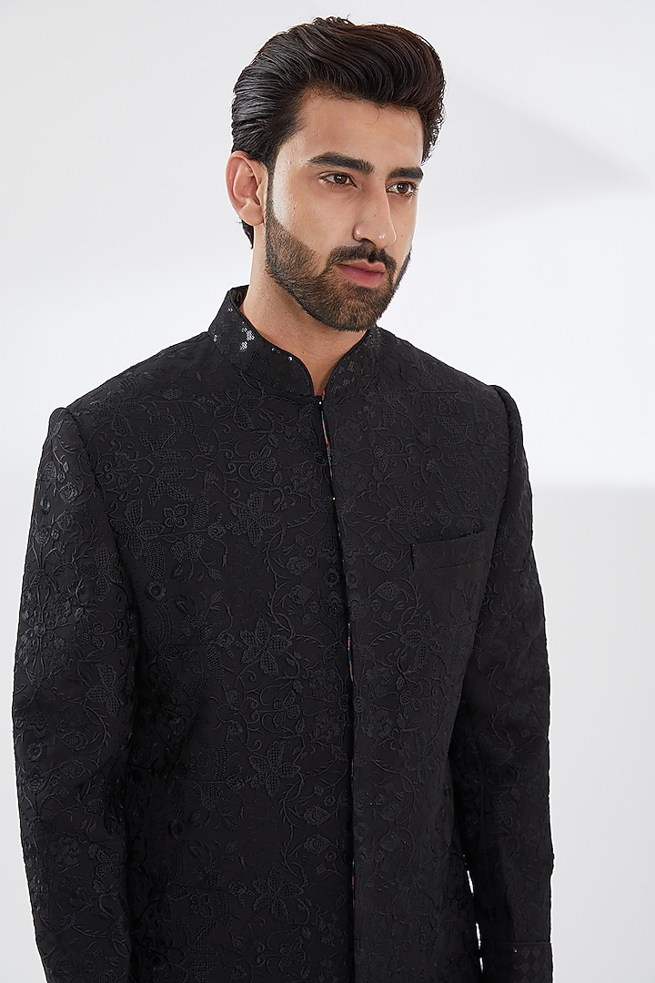 Black Georgette Embroidered Groom Sherwani Set by Rabani & Rakha Men at Pernia's Pop Up Shop