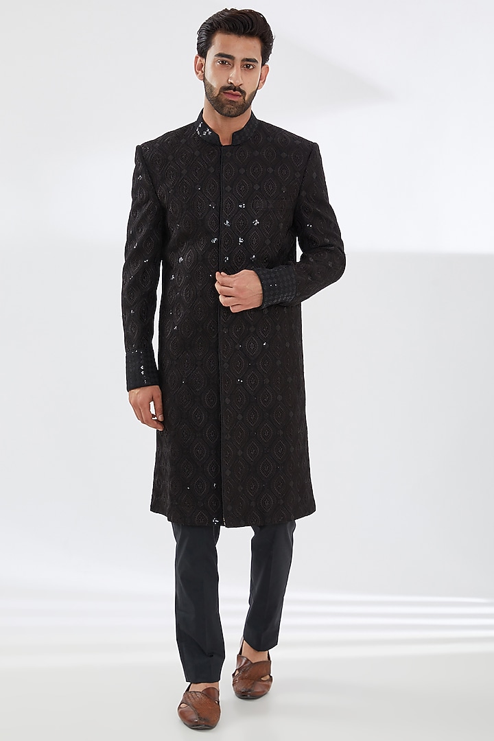 Black Georgette Embroidered Groom Sherwani Set by Rabani & Rakha Men at Pernia's Pop Up Shop