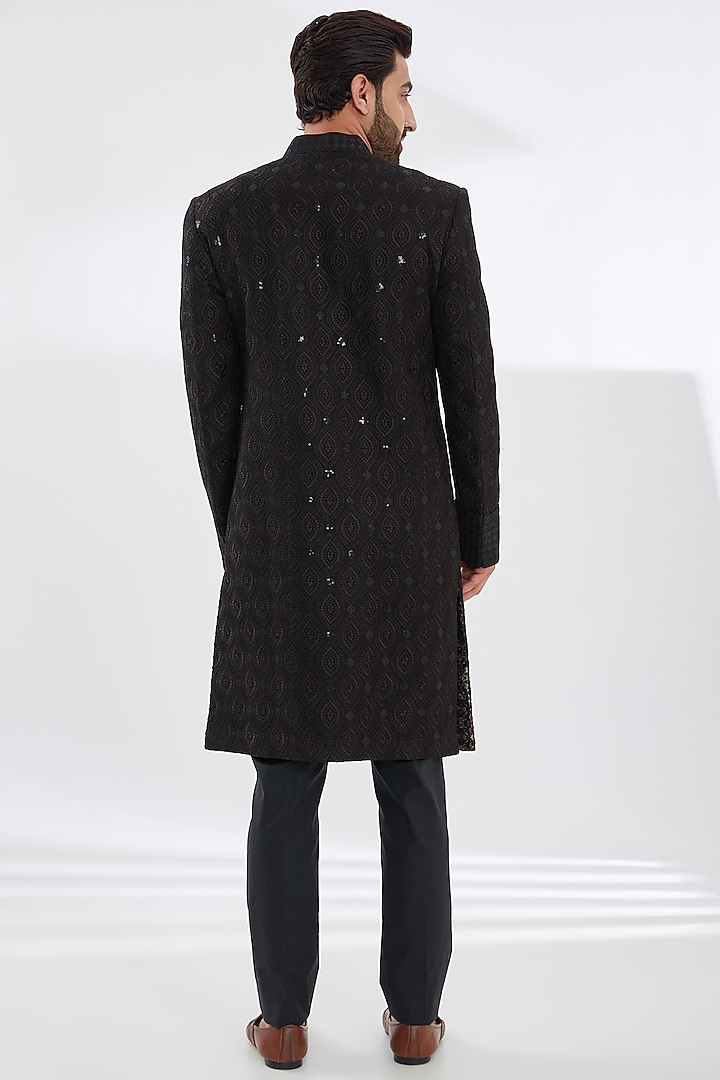 Black Georgette Embroidered Groom Sherwani Set by Rabani & Rakha Men at Pernia's Pop Up Shop