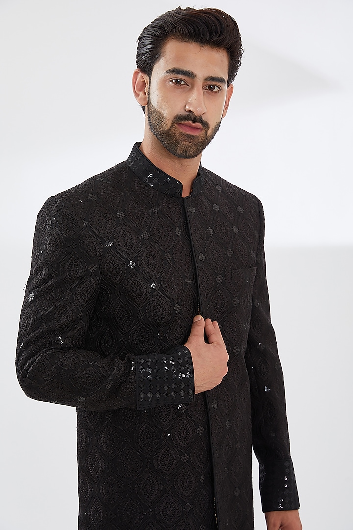 Black Georgette Embroidered Groom Sherwani Set by Rabani & Rakha Men at Pernia's Pop Up Shop