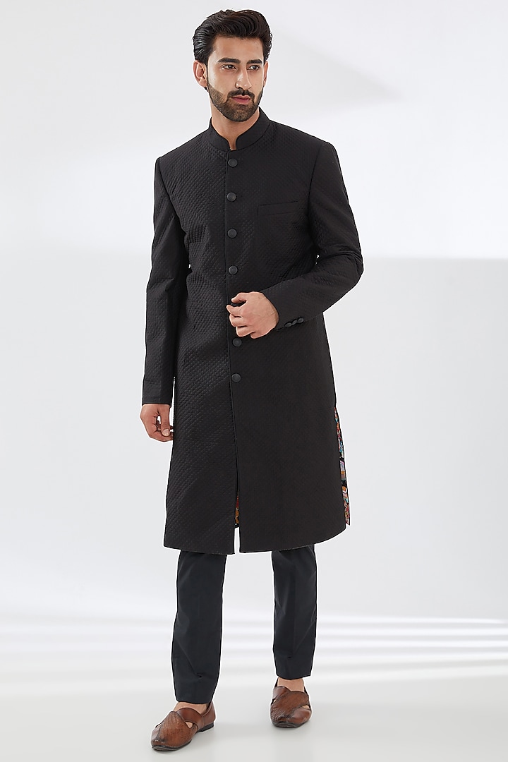 Black Georgette Sherwani Set by Rabani & Rakha Men