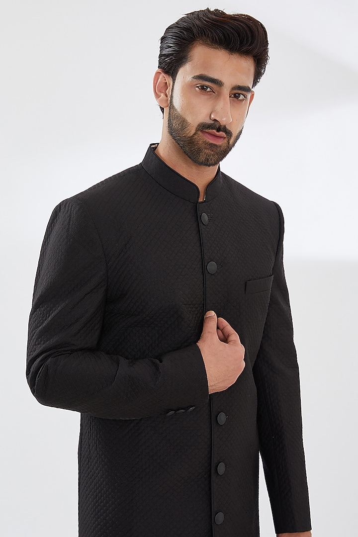 Black Georgette Wedding Sherwani Set by Rabani & Rakha Men at Pernia's Pop Up Shop
