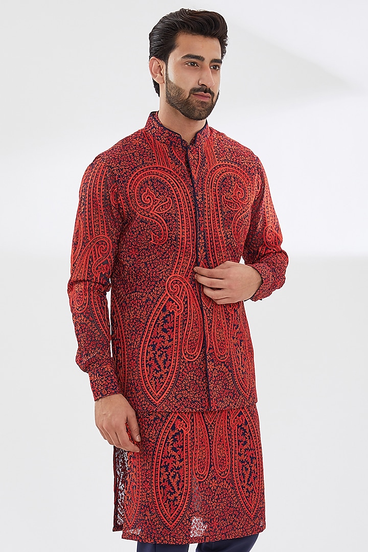 Blue Georgette Embroidered Bundi Jacket by Rabani & Rakha Men