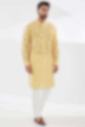 Yellow Silk Embroidered Kurta Set by Rabani & Rakha Men