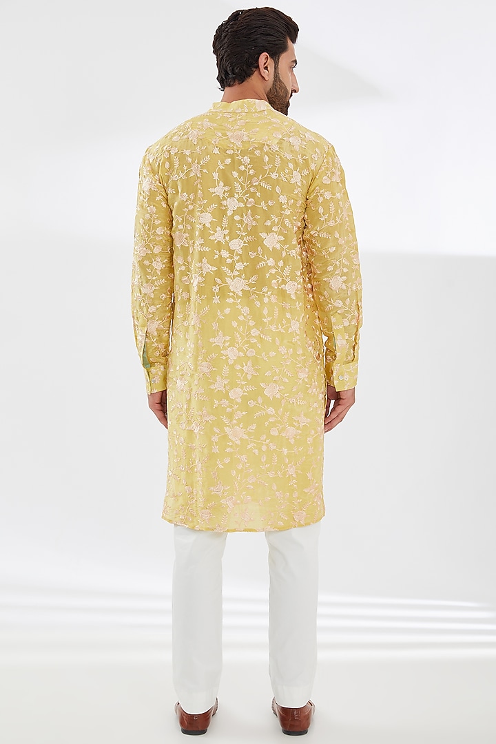 Yellow Silk Embroidered Kurta Set by Rabani & Rakha Men at Pernia's Pop Up Shop