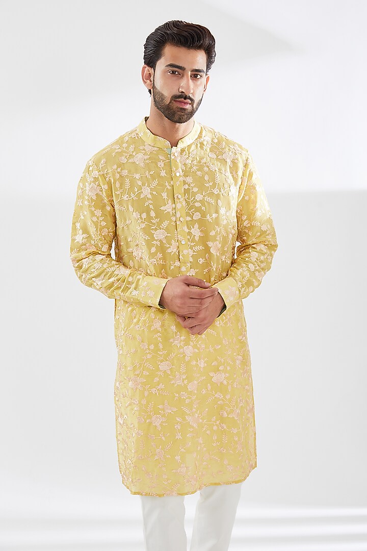 Yellow Silk Embroidered Kurta Set by Rabani & Rakha Men at Pernia's Pop Up Shop