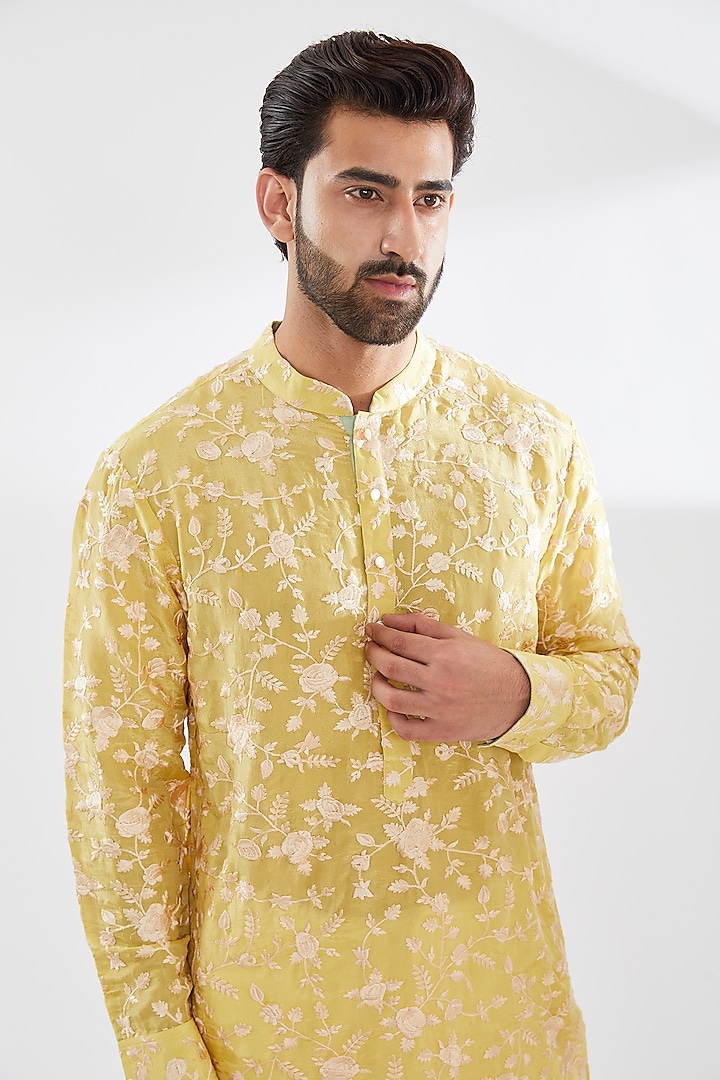 Yellow Silk Embroidered Kurta Set by Rabani & Rakha Men at Pernia's Pop Up Shop