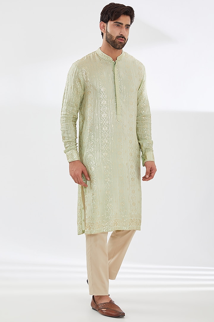 Sage Green Georgette Embroidered Kurta Set by Rabani & Rakha Men at Pernia's Pop Up Shop