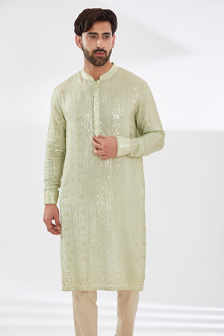 Sage Green Georgette Embroidered Kurta Set by Rabani & Rakha Men at Pernia's Pop Up Shop