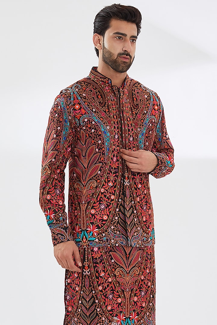 Black Georgette Embroidered Bundi Jacket by Rabani & Rakha Men