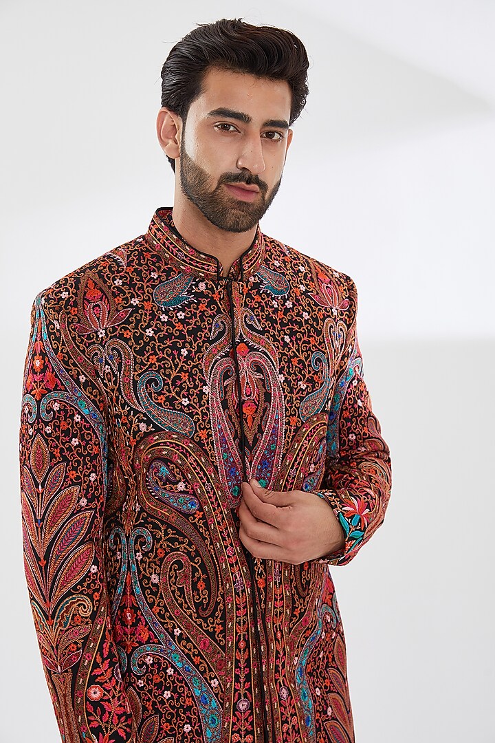 Black Georgette Embroidered Groom Sherwani Set by Rabani & Rakha Men at Pernia's Pop Up Shop