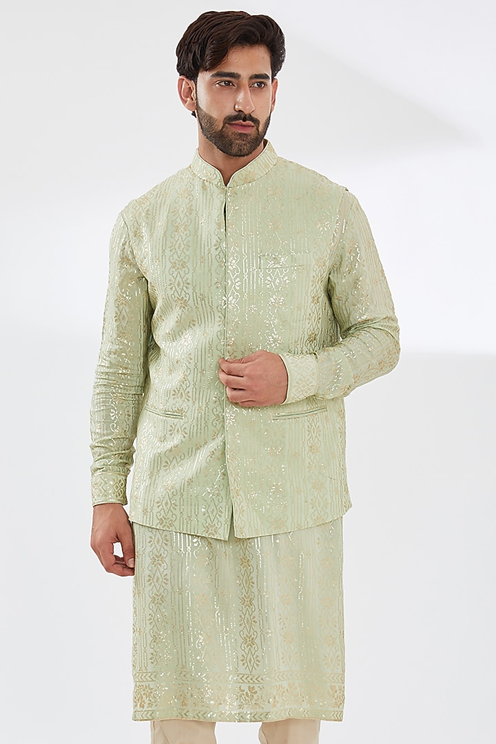 Sage Green Georgette Embroidered Bundi Jacket by Rabani & Rakha Men at Pernia's Pop Up Shop