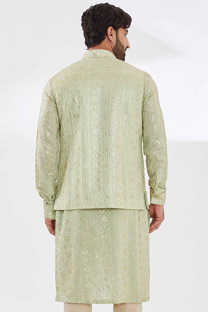 Sage Green Georgette Embroidered Bundi Jacket by Rabani & Rakha Men at Pernia's Pop Up Shop
