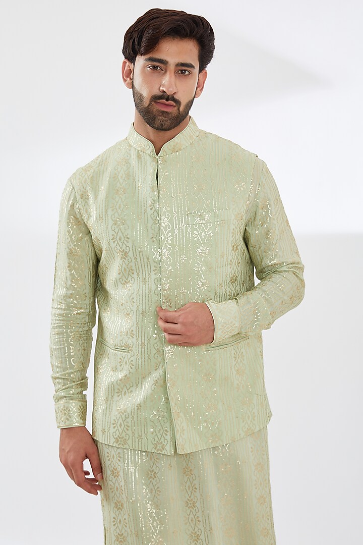 Sage Green Georgette Embroidered Bundi Jacket by Rabani & Rakha Men at Pernia's Pop Up Shop